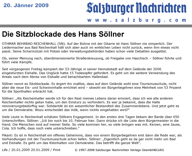 Sitzblockade, 20.01.09 Salzburger Nachrichten